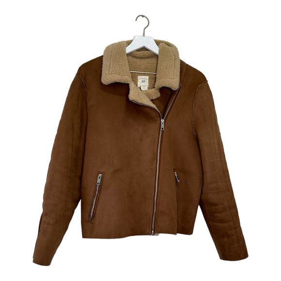 H&M Jackets & Blazers - H&M Faux Shearling and Suede Brown Biker Jacket Size 8